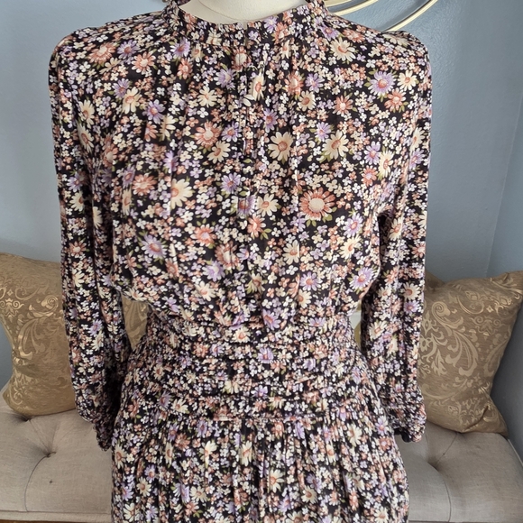 Sea New York Brown and Cream Mock Neck Bishop Sleeve Sundress - Picture 2 of 9